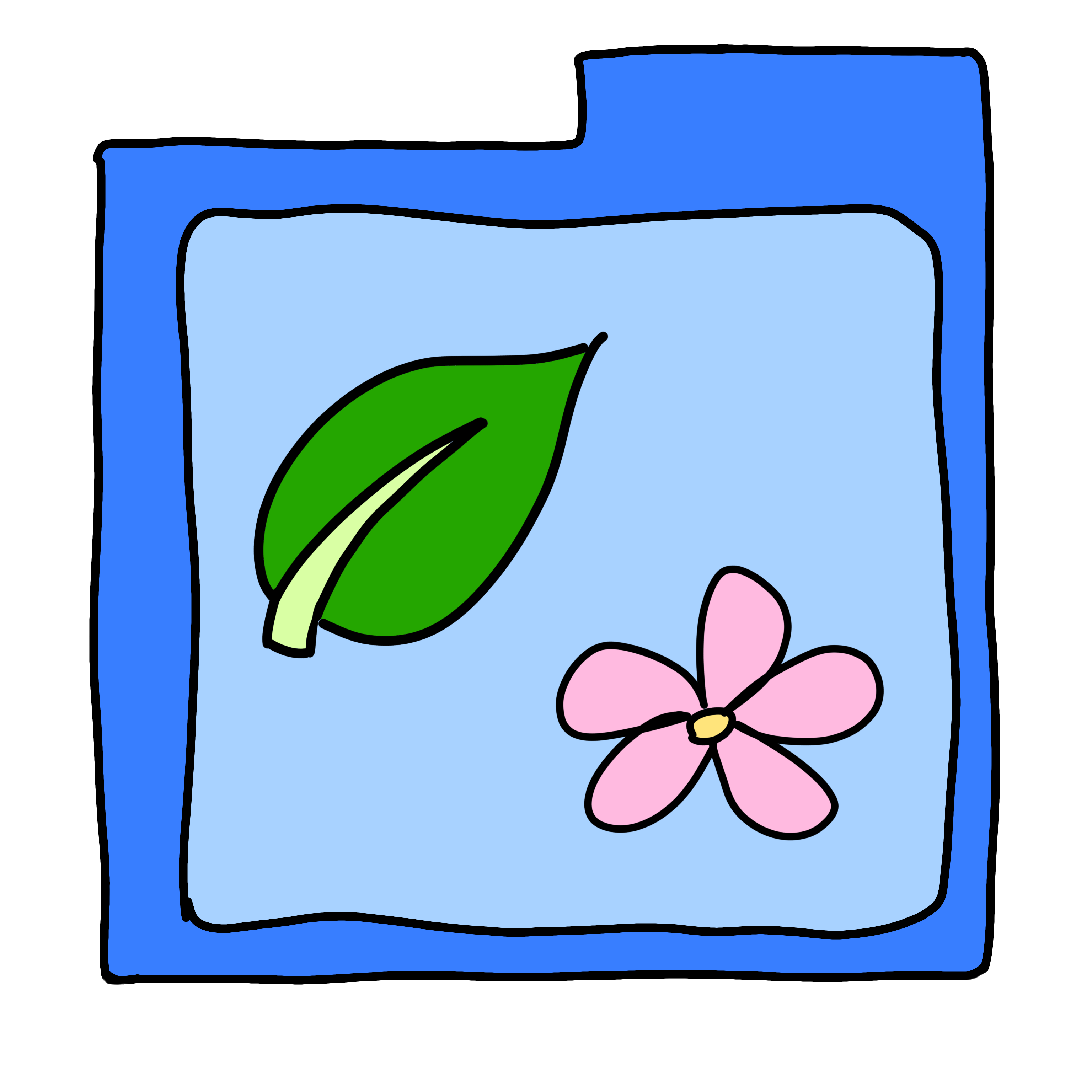 a blue folder with a lighter blue inside, on it is a pink flower and a green leaf